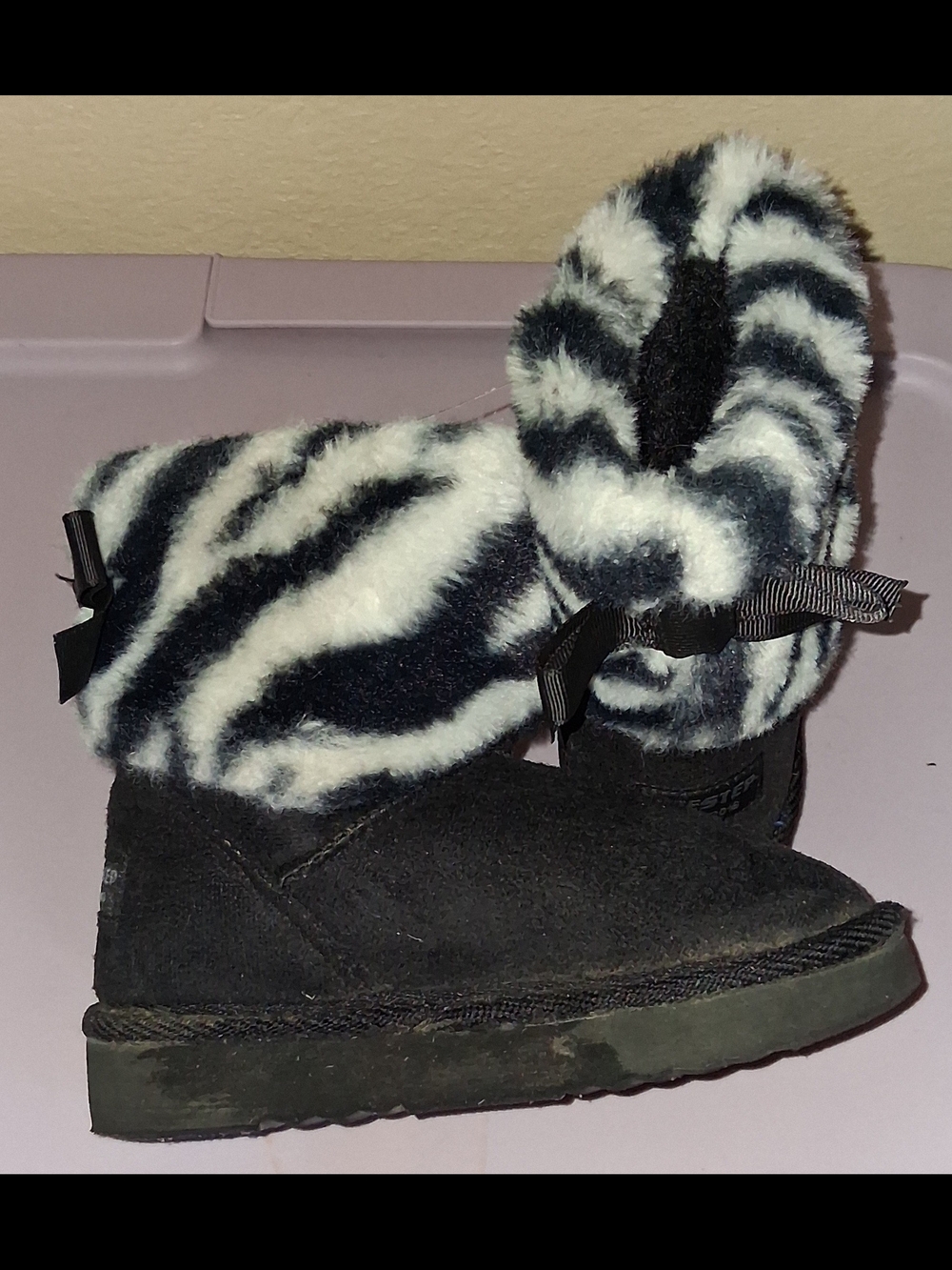 Girls Black Faux Suede Boots with Zebra Faux Fur Cuff